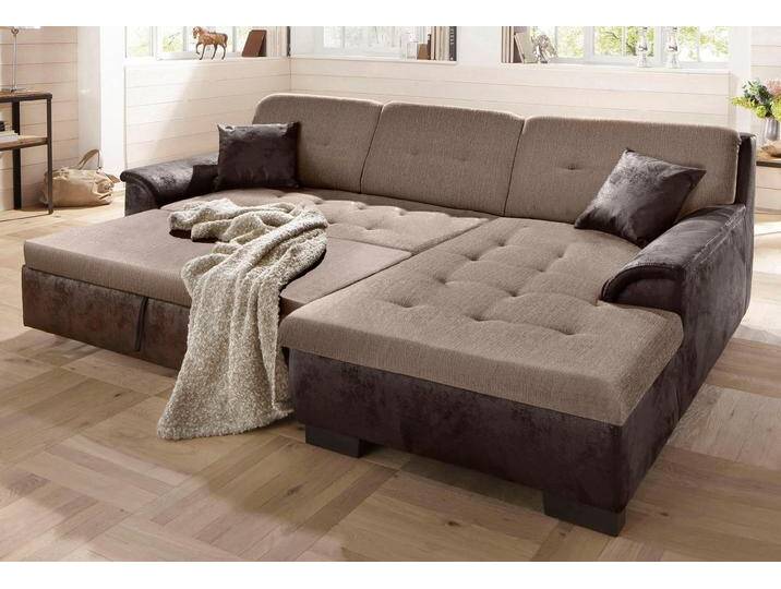 Ecksofa HOME AFFAIRE Bergen , braun (dunkelbraun, beige), B:267cm H:83cm T:178cm, MELROSE/Struktur (100% Polyester);MELROSE (100% Polyester);Microfaser PRIMABELLE (100% Polyester), Sofas, wahlweise mit Bettfunktion L-Form von Home-affaire