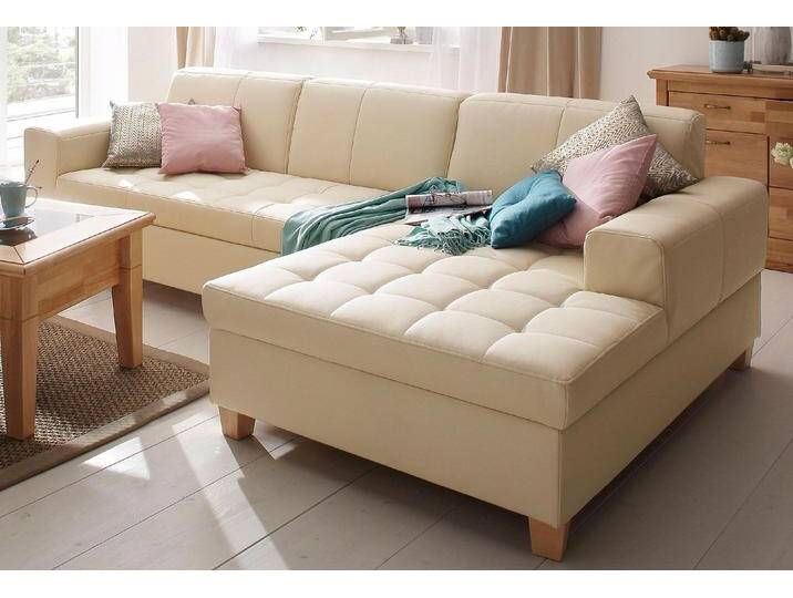 Ecksofa HOME AFFAIRE Corby L-Form , beige (creme), B:266cm H:80cm T:162cm, Struktur fein (100% Polyester), Chenille (100% Polyester), NaturLEDER (echtes Rindsleder) auf Sitzfläche, Kunstleder im Korpus, Melrose (100% Polyester), Sofas, wahlweise mit Bettfunktion, Steppung auf Sitzfläche von Home-affaire