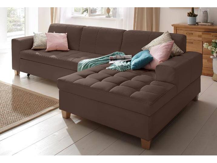 Ecksofa HOME AFFAIRE Corby L-Form , braun (dunkelbraun), B:266cm H:80cm T:162cm, Struktur fein (100% Polyester), Chenille (100% Polyester), NaturLEDER (echtes Rindsleder) auf Sitzfläche, Kunstleder im Korpus, Melrose (100% Polyester), Sofas, wahlweise mit Bettfunktion, Steppung auf Sitzfläche von Home-affaire