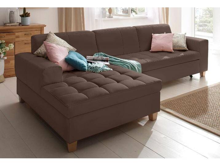 Ecksofa HOME AFFAIRE Corby L-Form , braun (dunkelbraun), B:266cm H:80cm T:162cm, Struktur fein (100% Polyester), Chenille (100% Polyester), NaturLEDER (echtes Rindsleder) auf Sitzfläche, Kunstleder im Korpus, Melrose (100% Polyester), Sofas, wahlweise mit Bettfunktion, Steppung auf Sitzfläche von Home-affaire