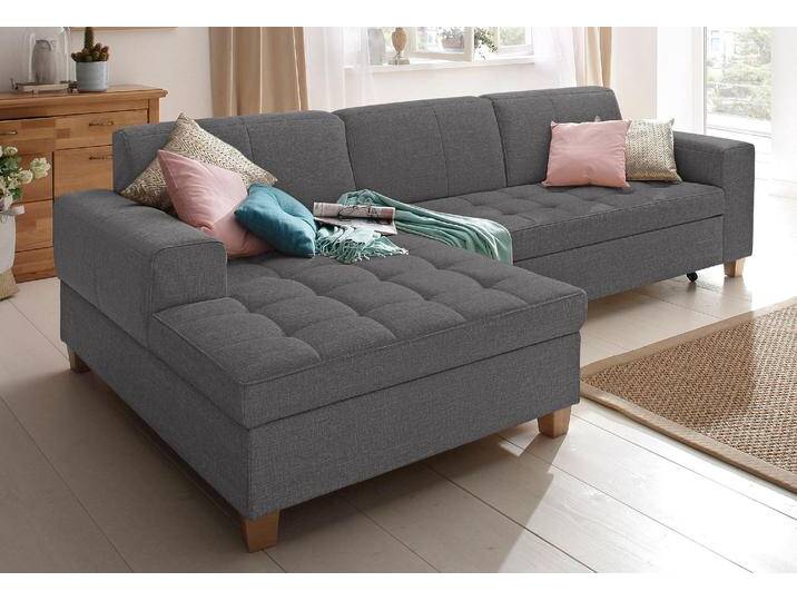 Ecksofa HOME AFFAIRE Corby L-Form , grau (anthrazit), B:266cm H:80cm T:162cm, Struktur fein (100% Polyester), Chenille (100% Polyester), NaturLEDER (echtes Rindsleder) auf Sitzfläche, Kunstleder im Korpus, Melrose (100% Polyester), Sofas, wahlweise mit Bettfunktion, Steppung auf Sitzfläche von Home-affaire
