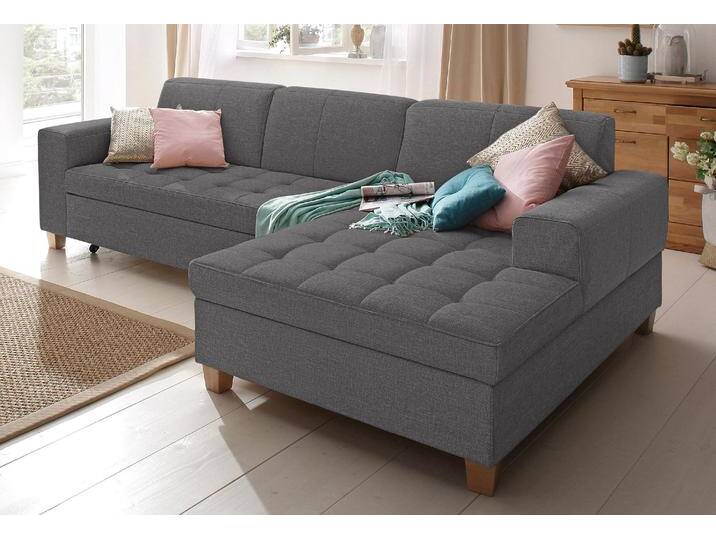 Ecksofa HOME AFFAIRE Corby L-Form , grau (anthrazit), B:266cm H:80cm T:162cm, Struktur fein (100% Polyester), Chenille (100% Polyester), NaturLEDER (echtes Rindsleder) auf Sitzfläche, Kunstleder im Korpus, Melrose (100% Polyester), Sofas, wahlweise mit Bettfunktion, Steppung auf Sitzfläche von Home-affaire
