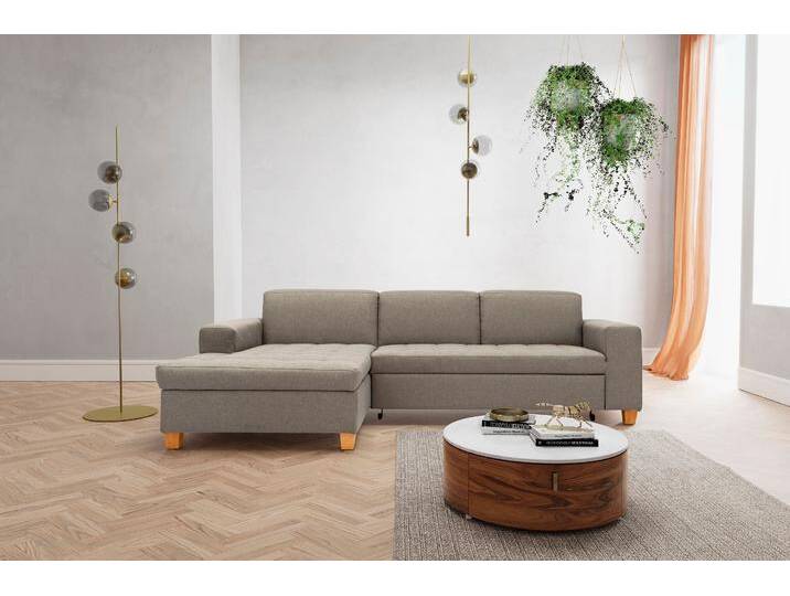 Ecksofa HOME AFFAIRE Corby L-Form , grau (hellgrau), B:266cm H:80cm T:162cm, Struktur fein (100% Polyester), Chenille (100% Polyester), NaturLEDER (echtes Rindsleder) auf Sitzfläche, Kunstleder im Korpus, Melrose (100% Polyester), Sofas, wahlweise mit Bettfunktion, Steppung auf Sitzfläche von Home-affaire