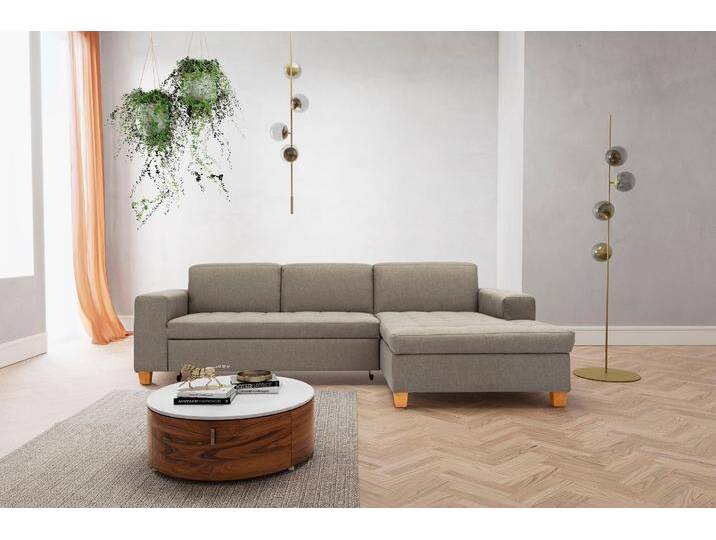 Ecksofa HOME AFFAIRE Corby L-Form , grau (hellgrau), B:266cm H:80cm T:162cm, Struktur fein (100% Polyester), Chenille (100% Polyester), NaturLEDER (echtes Rindsleder) auf Sitzfläche, Kunstleder im Korpus, Melrose (100% Polyester), Sofas, wahlweise mit Bettfunktion, Steppung auf Sitzfläche von Home-affaire