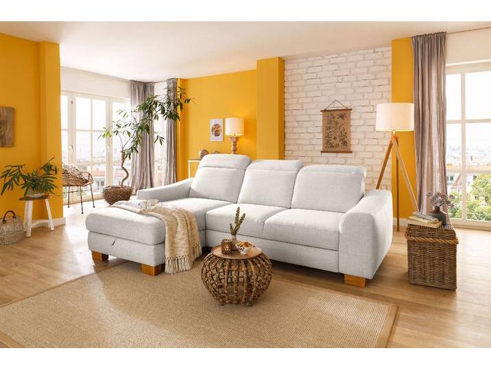 Ecksofa HOME AFFAIRE Dundee L-Form , beige (creme), B:264cm H:86cm T:170cm, Luxus-Microfaser Florence (100% Polyester);Struktur fein (100% Polyester);Luxus-Microfaser Lederoptik (100% Polyester), Sofas, wahlweise mit Kopfteilverstellung und zusätzlich mit Bettfunktion von Home-affaire