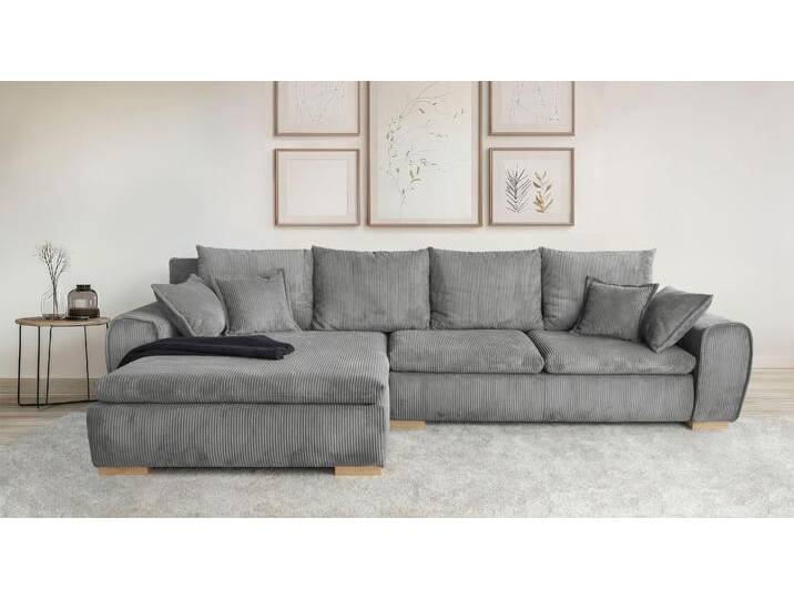 Ecksofa HOME AFFAIRE Katja L-Form, B: 325 cm , grau (hellgrau), B:325cm T:183cm, 100% Polyester, Sofas, mit Bettfunktion, Bettkasten & 4 Zierkissen, Topseller von Home-affaire