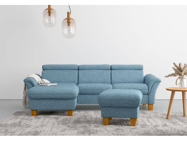 Ecksofa HOME AFFAIRE Lindgren L-Form , blau (eisblau), B:258cm H:84cm T:169cm, 100% Polyester, Sofas, wahlweise mit Bett mit klappbaren Rollen, Kasten und Kopfverstellung von Home-affaire