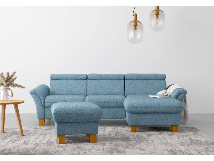 Ecksofa HOME AFFAIRE Lindgren L-Form , blau (eisblau), B:258cm H:84cm T:169cm, 100% Polyester, Sofas, wahlweise mit Bett mit klappbaren Rollen, Kasten und Kopfverstellung von Home-affaire