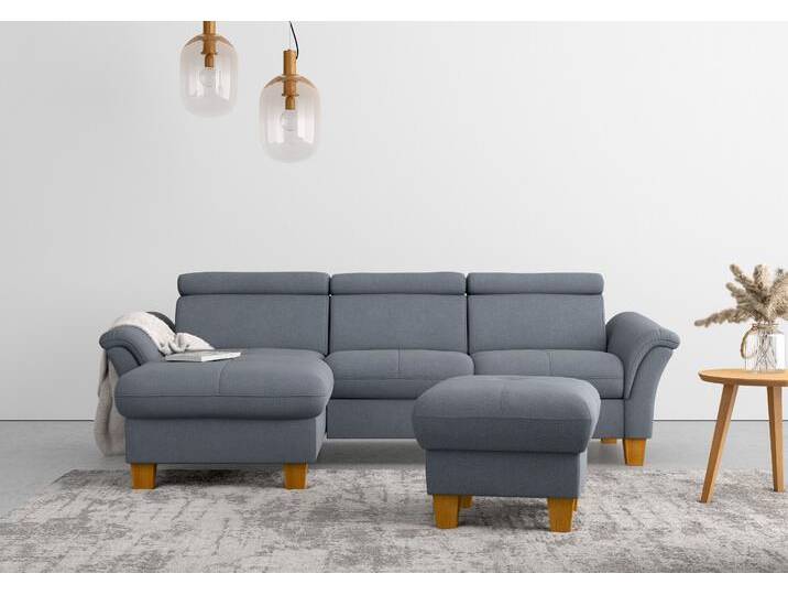 Ecksofa HOME AFFAIRE Lindgren L-Form , blau (hellblau), B:258cm H:84cm T:169cm, 100% Polyester, Sofas, wahlweise mit Bett mit klappbaren Rollen, Kasten und Kopfverstellung von Home-affaire