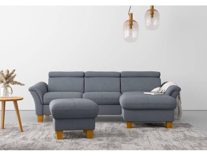 Ecksofa HOME AFFAIRE Lindgren L-Form , blau (hellblau), B:258cm H:84cm T:169cm, 100% Polyester, Sofas, wahlweise mit Bett mit klappbaren Rollen, Kasten und Kopfverstellung von Home-affaire