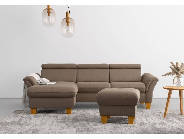 Ecksofa HOME AFFAIRE Lindgren L-Form , braun (nuss), B:258cm H:84cm T:169cm, 100% Polyester, Sofas, wahlweise mit Bett mit klappbaren Rollen, Kasten und Kopfverstellung von Home-affaire