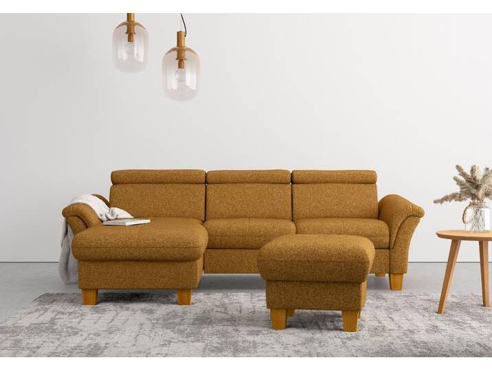 Ecksofa HOME AFFAIRE Lindgren L-Form , gelb (mustard), B:258cm H:84cm T:169cm, 100% Polyester, Sofas, wahlweise mit Bett mit klappbaren Rollen, Kasten und Kopfverstellung von Home-affaire