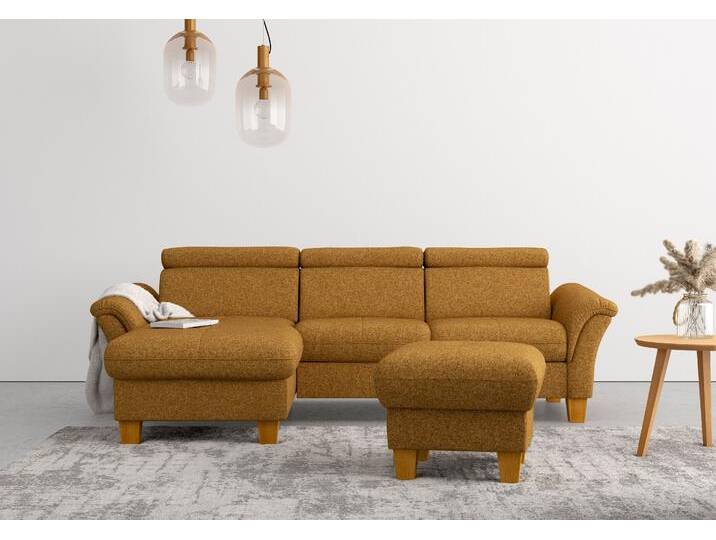 Ecksofa HOME AFFAIRE Lindgren L-Form , gelb (mustard), B:258cm H:84cm T:169cm, 100% Polyester, Sofas, wahlweise mit Bett mit klappbaren Rollen, Kasten und Kopfverstellung von Home-affaire