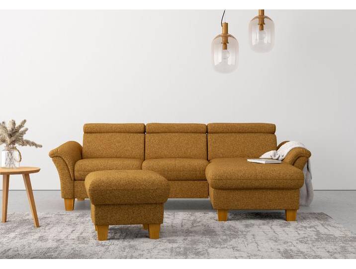 Ecksofa HOME AFFAIRE Lindgren L-Form , gelb (mustard), B:258cm H:84cm T:169cm, 100% Polyester, Sofas, wahlweise mit Bett mit klappbaren Rollen, Kasten und Kopfverstellung von Home-affaire