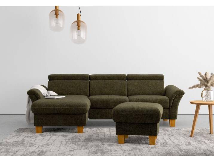 Ecksofa HOME AFFAIRE Lindgren L-Form , grün (khaki), B:258cm H:84cm T:169cm, 100% Polyester, Sofas, wahlweise mit Bett mit klappbaren Rollen, Kasten und Kopfverstellung von Home-affaire