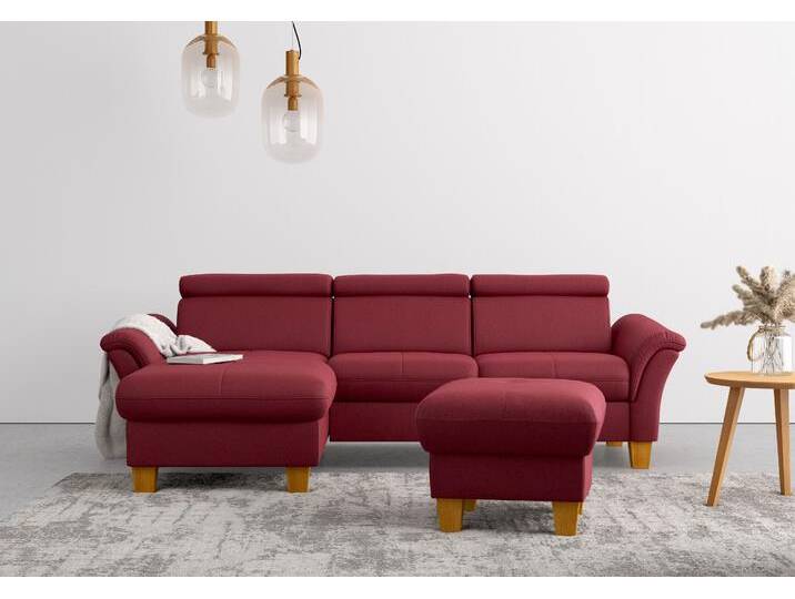 Ecksofa HOME AFFAIRE Lindgren L-Form , rot (bordeaux), B:258cm H:84cm T:169cm, 100% Polyester, Sofas, wahlweise mit Bett mit klappbaren Rollen, Kasten und Kopfverstellung von Home-affaire