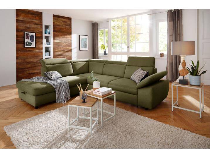 Ecksofa HOME AFFAIRE Mauritius L-Form , grün (olive), B:276cm T:232cm, Struktur fein (100% Polyester);Luxus-Microfaser Lederoptik (100% Polyester);Soft clean (98% Polyester, 2% Polyamid), Sofas, mit Ottomane, mit Kopfteil- und Armlehnverstellung von Home-affaire