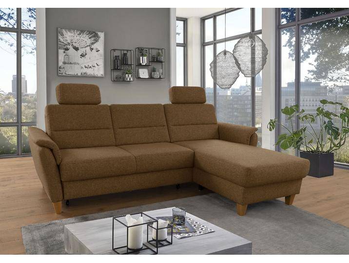 Ecksofa HOME AFFAIRE Palmera L-Form , braun (messing), B:244cm H:89cm T:163cm, 100% Polyester, Struktur (100% Polyester), Luxus-Microfaser in Lederoptik (100% Polyester), Sofas, Federkern, wahlweise mit Bettfunktion und mit/ohne Bettkasten von Home-affaire