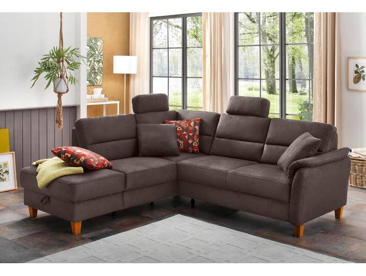 Ecksofa HOME AFFAIRE Palmera L-Form , braun (nuß), B:236cm H:89cm T:212cm, 100% Polyester, Struktur (100% Polyester), Luxus-Microfaser in Lederoptik (100% Polyester), Sofas, Federkern, wahlweise mit Bettfunktion und mit/ohne Stauraum von Home-affaire