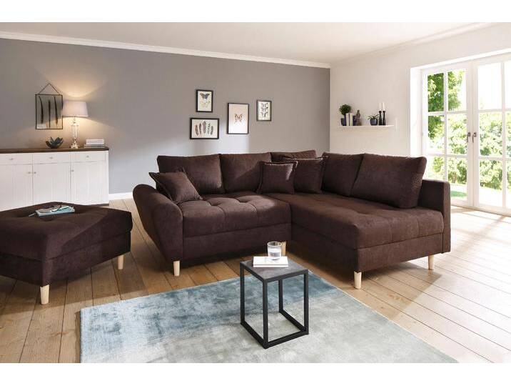 Ecksofa HOME AFFAIRE Rice L-Form inkl. Hocker , braun (dunkelbraun), B:223cm H:47cm T:184cm, Luxus-Microfaser (100% Polyester), Struktur fein (100% Polyester), Microfaser PRIMABELLE (100% Polyester), Samtoptik (100% Polyester), Sofas, mit Bonnellfederkern, Hocker & Kissen, Ottomane beidseitig montierbar, Topseller von Home-affaire