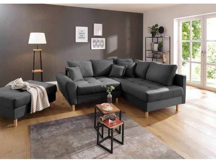 Ecksofa HOME AFFAIRE Rice L-Form inkl. Hocker , grau (anthrazit), B:223cm H:47cm T:184cm, Luxus-Microfaser (100% Polyester), Struktur fein (100% Polyester), Microfaser PRIMABELLE (100% Polyester), Samtoptik (100% Polyester), Sofas, mit Bonnellfederkern, Hocker & Kissen, Ottomane beidseitig montierbar, Topseller von Home-affaire