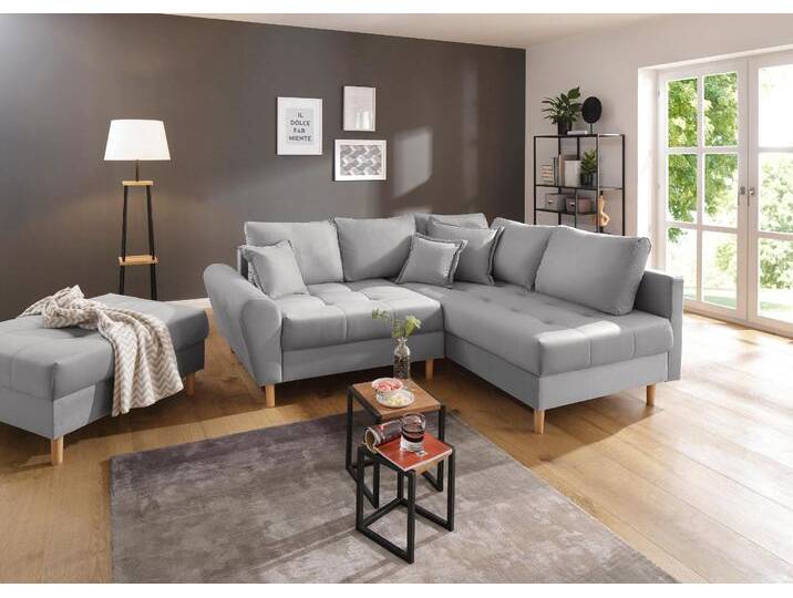 Ecksofa HOME AFFAIRE Rice L-Form inkl. Hocker , grau (silbergrau), B:223cm H:47cm T:184cm, Luxus-Microfaser (100% Polyester), Struktur fein (100% Polyester), Microfaser PRIMABELLE (100% Polyester), Samtoptik (100% Polyester), Sofas, mit Bonnellfederkern, Hocker & Kissen, Ottomane beidseitig montierbar, Topseller von Home-affaire
