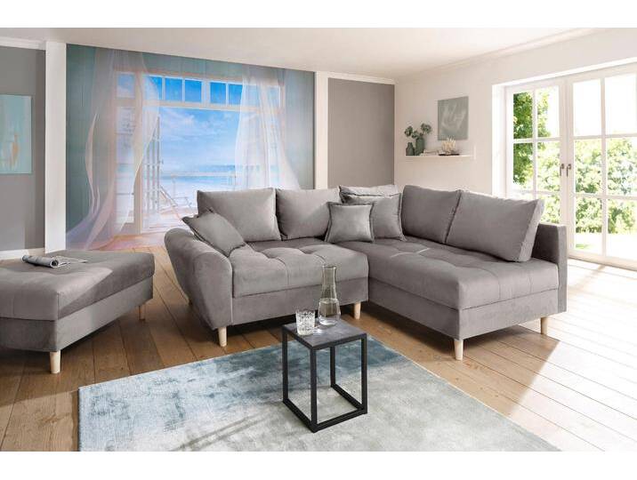 Ecksofa HOME AFFAIRE Rice L-Form inkl. Hocker , grau (taupe), B:223cm H:47cm T:184cm, Luxus-Microfaser (100% Polyester), Struktur fein (100% Polyester), Microfaser PRIMABELLE (100% Polyester), Samtoptik (100% Polyester), Sofas, mit Bonnellfederkern, Hocker & Kissen, Ottomane beidseitig montierbar, Topseller von Home-affaire