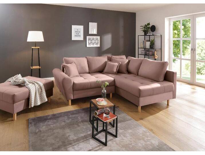 Ecksofa HOME AFFAIRE Rice L-Form inkl. Hocker , rosa (rosé), B:223cm H:47cm T:184cm, Luxus-Microfaser (100% Polyester), Struktur fein (100% Polyester), Microfaser PRIMABELLE (100% Polyester), Samtoptik (100% Polyester), Sofas, mit Bonnellfederkern, Hocker & Kissen, Ottomane beidseitig montierbar, Topseller von Home-affaire