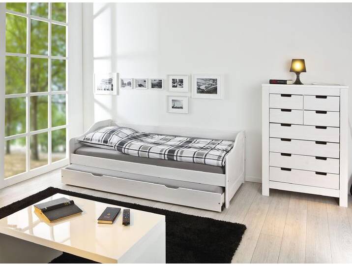 Einzelbett HOME AFFAIRE, weiß (weiß, weiß), B:209cm H:66cm L:97cm, Kiefer massiv, Betten, inklusive Schublade auf Rollen von Home-affaire