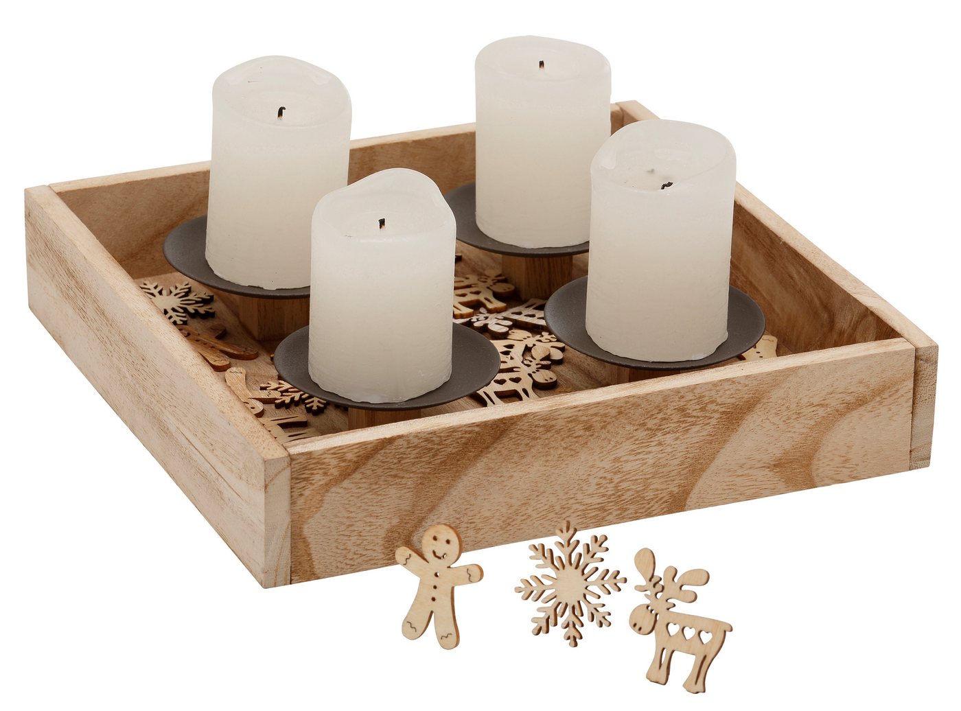 Home affaire Adventsleuchter Kerzenhalter Ennsling mit 24 Streudekofiguren, 25x25 cm (1 St), Weihnachtsdeko aus Holz und Metall, Tablett mit 4 Kerzenhaltern von Home affaire