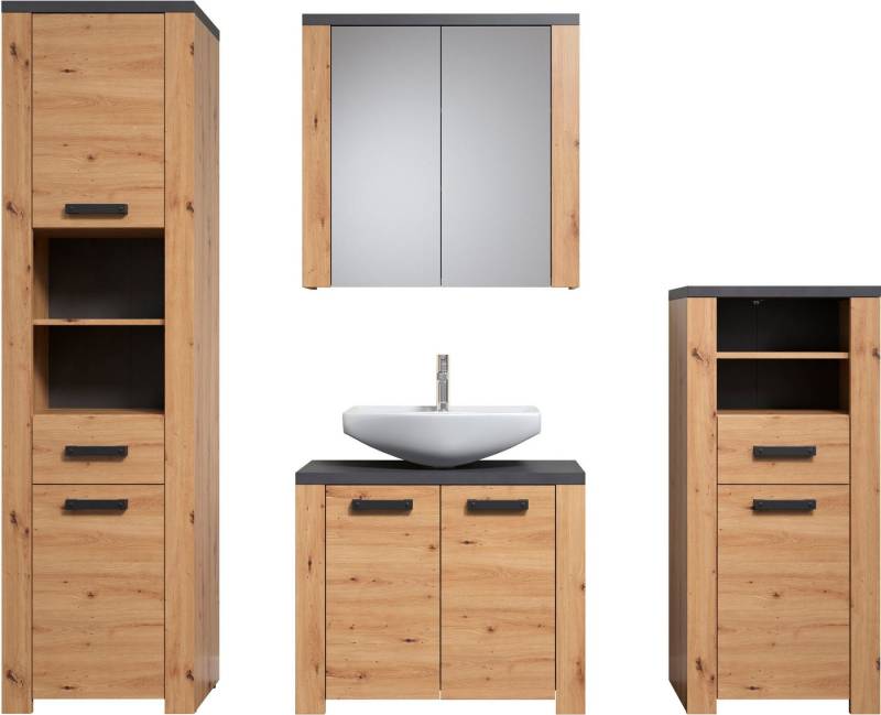 welltime Badezimmer-Set Ambres, (4-St), Komplettset: Hochschrank, Spiegelschrank, Kommode & Standschrank von welltime