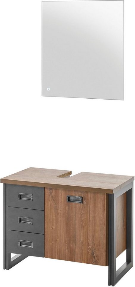 Home affaire Badmöbel-Set Detroit, Bad im Industrialdesign, inkl. LED, 2-teiliges Badezimmer, (2-St), Waschbeckenunterschrank und Spiegel, holzfarben, mit Stauraum von Home affaire