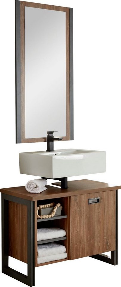 Home affaire Badmöbel-Set Detroit, Bad im Industrialdesign, 2-teiliges Badezimmer, (Set, 2-St), Waschbeckenunterschrank und Spiegel, holzfarben, mit offenen Fächern von Home affaire