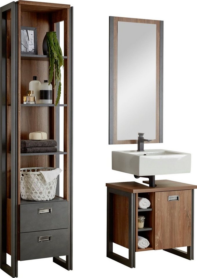 Home affaire Badmöbel-Set Detroit, Bad im Industrialdesign, 3-teiliges Badezimmer, (Set, 3-St), Unterschrank, Regal & Spiegel, holzfarben, offene Fächer & Stauraum von Home affaire