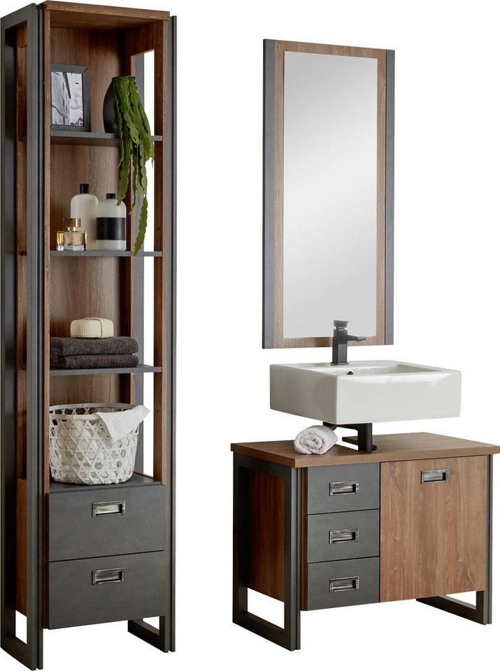 Home affaire Badmöbel-Set Detroit, Bad im Industrialdesign, 3-teiliges Badezimmer, (Set, 3-St), Unterschrank, Regal & Spiegel, holzfarben, offene Fächer & Stauraum von Home affaire