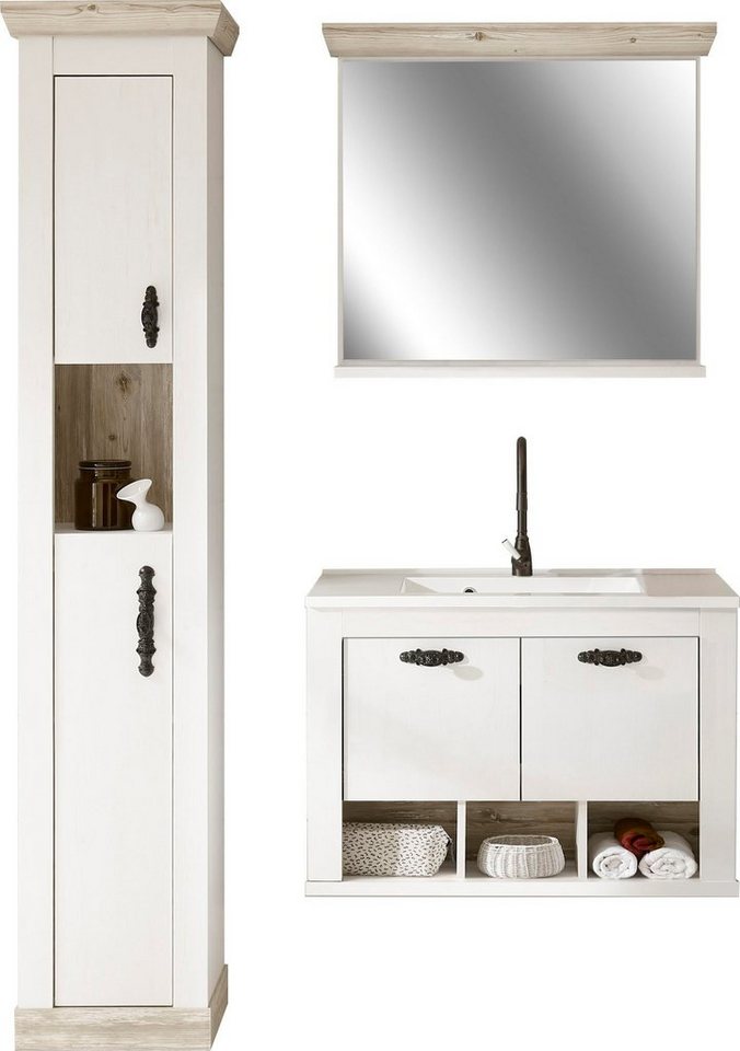 Home affaire Badmöbel-Set Florenz, Bad im Landhausstil, 3-teiliges Badezimmer, (3-St), Hänge-Waschtisch, Schrank und Spiegel, in Pinie Weiß, Stauraum von Home affaire