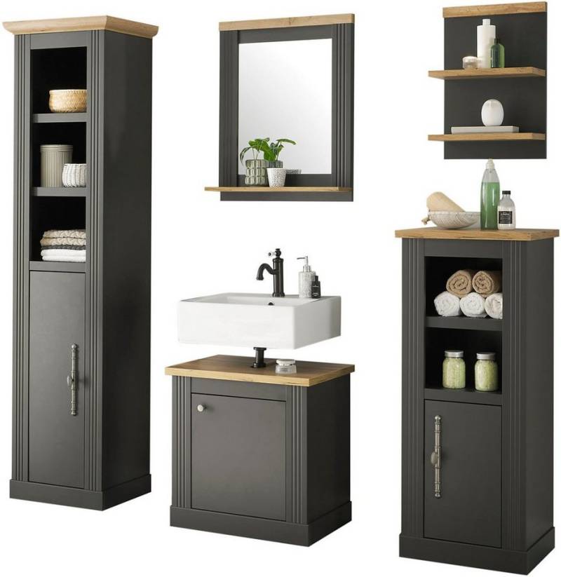 Home affaire Badmöbel-Set WESTMINSTER, Bad im Landhausstil, 5-teiliges Badezimmer, (5-St), Unterschrank, Spiegel, Midischrank, Regal, Hochschrank, Breite 200 cm von Home affaire