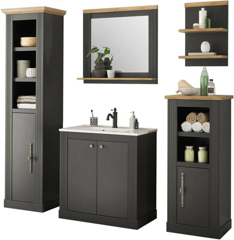 Home affaire Badmöbel-Set WESTMINSTER, Bad im Landhausstil, 5-teiliges Badezimmer, (5-St), Waschtisch, Spiegel, Midischrank, Regal, Hochschrank, Breite 220 cm von Home affaire