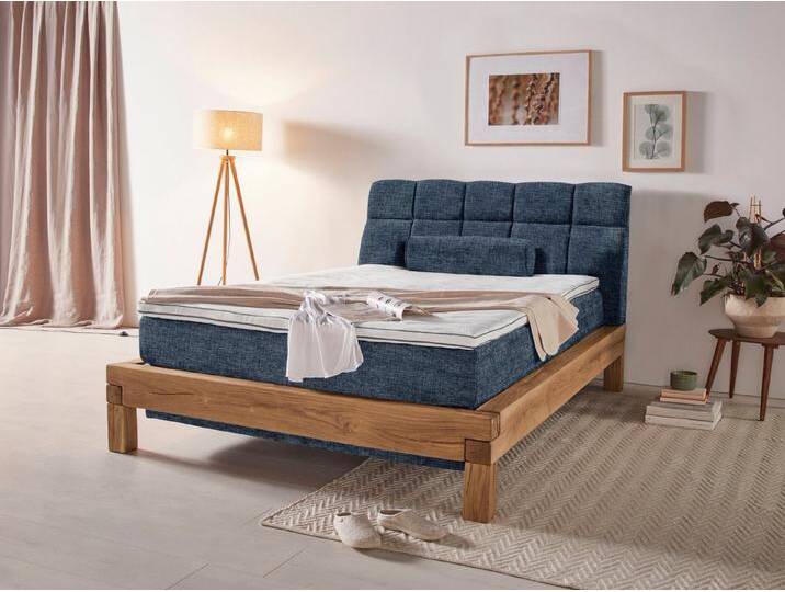 Home affaire Boxspringbett Villads, Liegefläche: 140/200 cm, aus Balkeneiche, Inside-Boxspring-Unterbau, blau, Topper Premium, H2 (80 kg), blue von Home-affaire