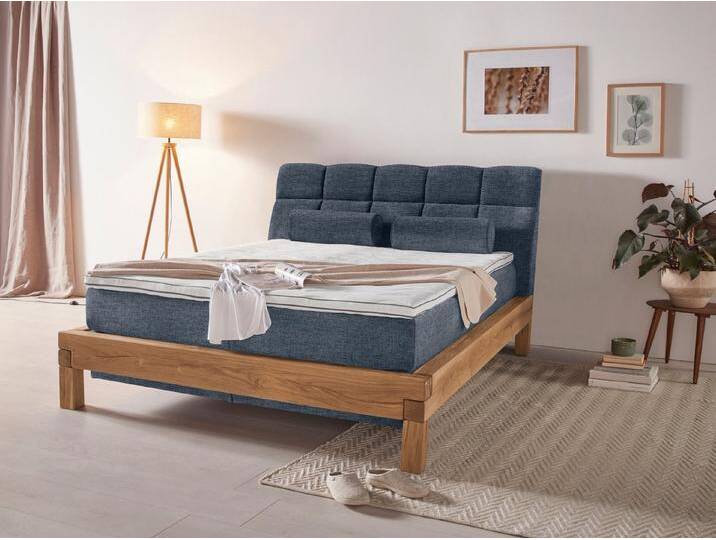 Home affaire Boxspringbett Villads, Liegefläche: 160/200 cm aus Balkeneiche, Inside-Boxspring-Unterbau, blau, Topper Basic, H2 (80 kg) , H3 (100 kg) von Home-affaire