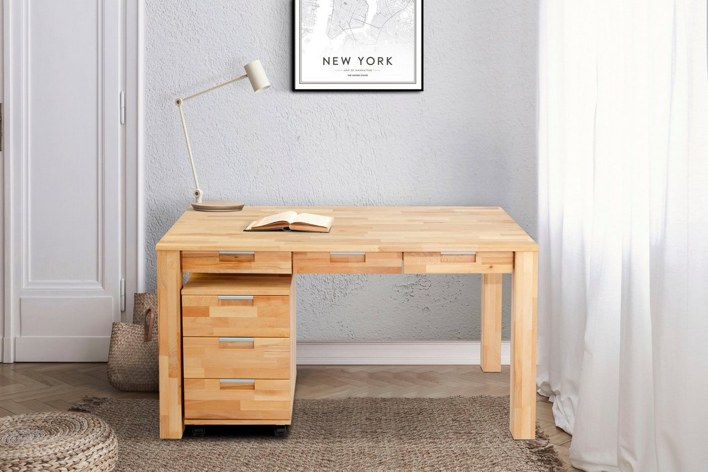 Home affaire Büro-Set Robi, (Set, 2-St), Buchenholz, bestehend aus Robi Schreibtisch 135 cm und Rollcontainer von Home affaire