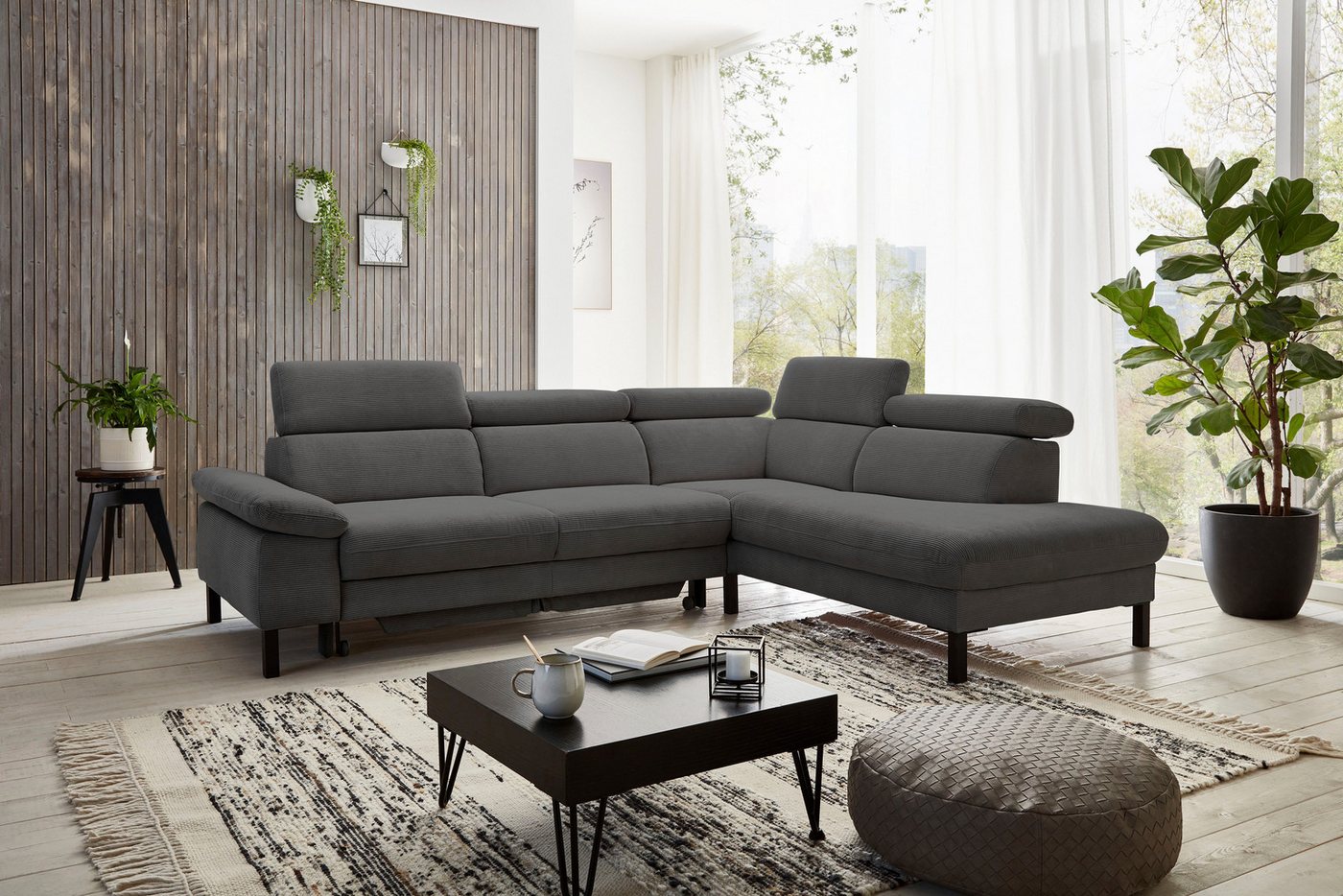 Home affaire Ecksofa Arnayon mit Querschläfer-Bettfunktion, Schlafsofa, großer Bettkasten, manuelle Kopfteilverstellung, Tonnentaschen-Federkern, Feincord L-Form von Home affaire