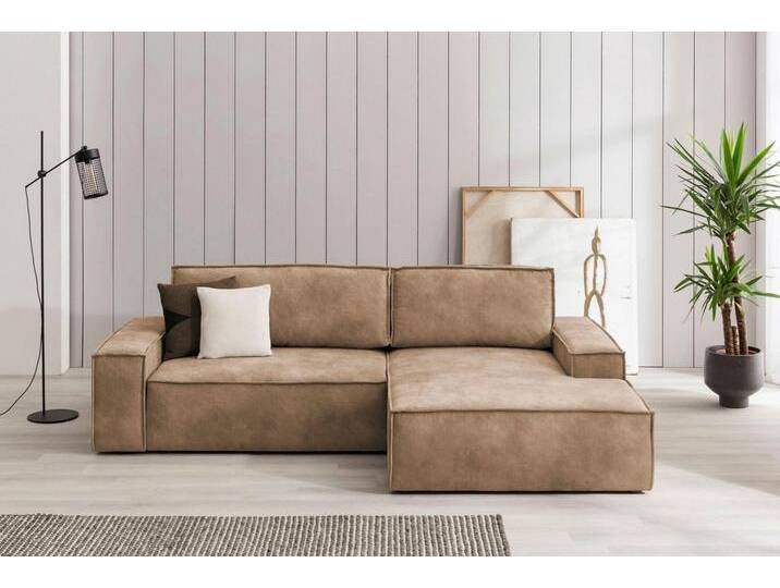 Home affaire Ecksofa SHERWOOD Schlafsofa 267 cm, L-Form, Schlaffunktion mit Bettkasten (210x136 cm), Cord, Vintage, Samtvelours, beige, beige von Home-affaire