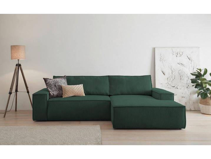 Home affaire Ecksofa SHERWOOD Schlafsofa 267 cm, L-Form, Schlaffunktion mit Bettkasten (210x136 cm), Cord, Vintage, Samtvelours, grün, dunkelgrün von Home-affaire
