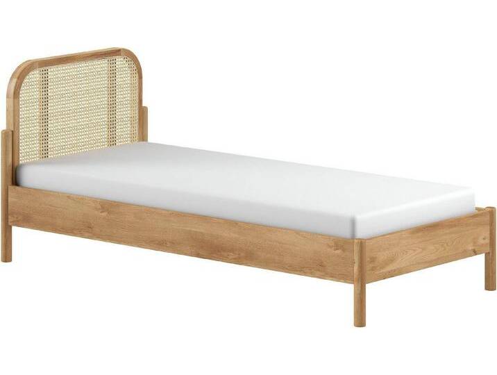 Home affaire Einzelbett mit massiven Bettpfosten und furnierten Bettseiten, 90/200 inkl. Lattenrost und trendigem Rattankopfteil, beige von Home-affaire