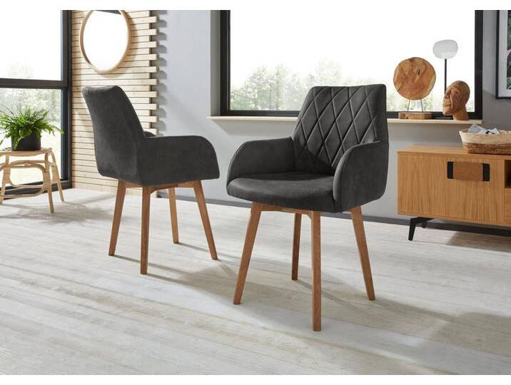 Home affaire Esszimmerstuhl Brest (Set, 2 St), Armlehnstuhl in Leder oder Microfaser, Gestell Eiche Massiv geölt, grau, Polyester, anthrazit von Home-affaire
