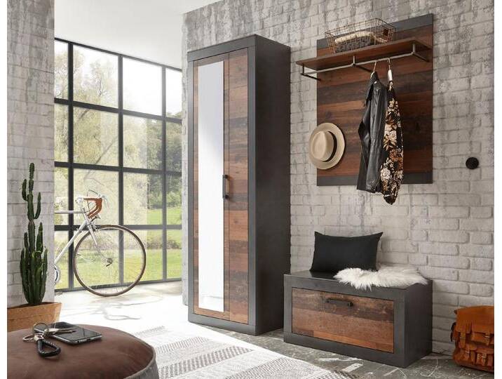 Home affaire Garderoben-Set BROOKLYN, (Komplett-Set, bestehend aus Garderobenschrank mit Spiegel, Garderobenbank und), grau von Home-affaire