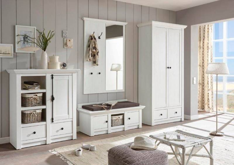Home affaire Garderoben-Set California, Komplettset im Landhausstil, moderne Garderobe, (4 teiliges Set bestehend aus Garderobenschrank, Sitzbank etc), enthält Schrank, Kommode, Paneel und Garderobenbank, 354 cm breit von Home affaire