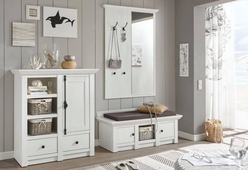 Home affaire Garderoben-Set California, Komplettset im Landhausstil, moderne Garderobe, (Set, 3-St), enthält Sitzbank, Paneel mit Spiegel und Kommode, 239 cm breit von Home affaire