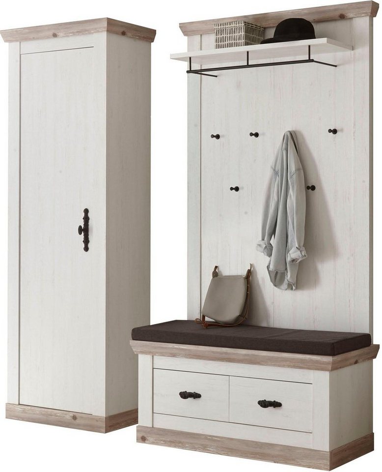 Home affaire Garderoben-Set Florenz, moderne Garderobe, Komplettset im Landhausstil, (3-St), enthält Bank mit Sitzkissen, Paneel und Stauraumschrank, 190 cm breit von Home affaire